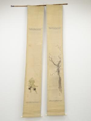 松本楓湖筆　児島高徳桜　双幅　肉筆絹本掛軸（共箱）□z